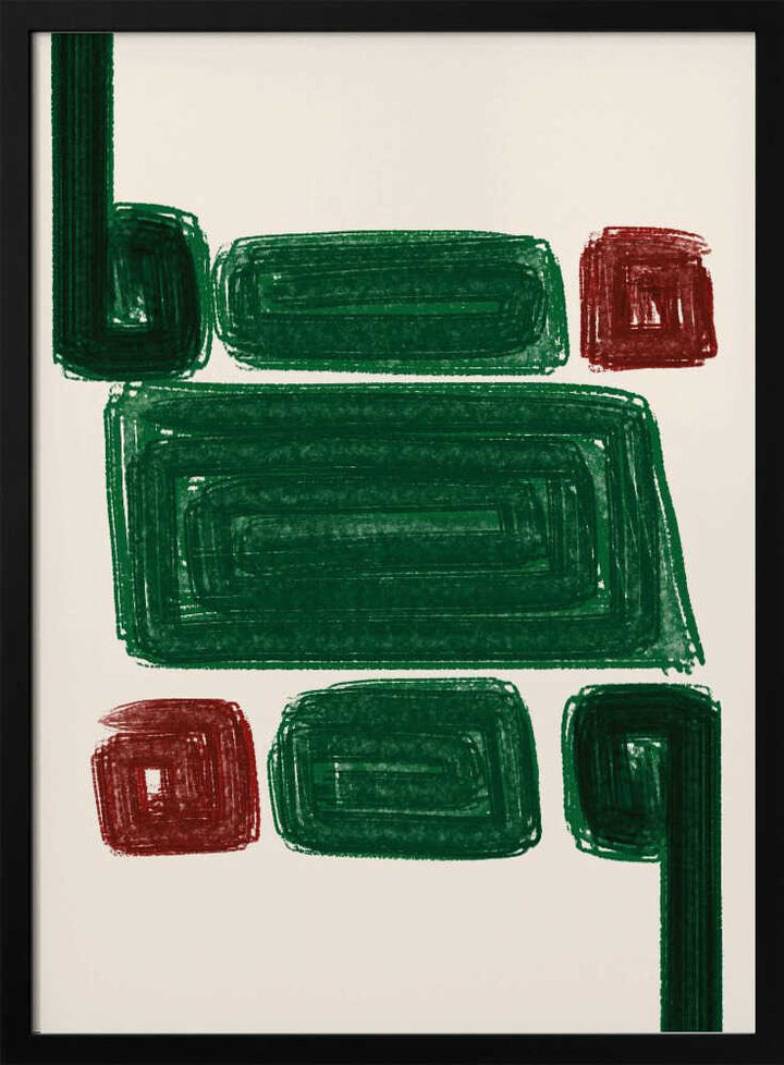 Simplex iii stretched canvas with bold green and red geometric shapes on a cream background framed in black