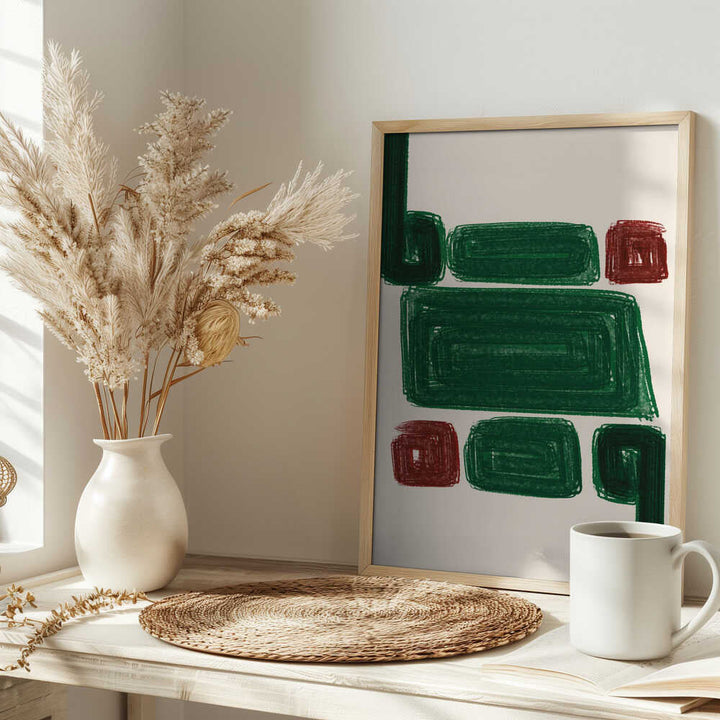 Simplex iii stretched canvas featuring bold green and red rectangular shapes in a slender wooden frame on light background
