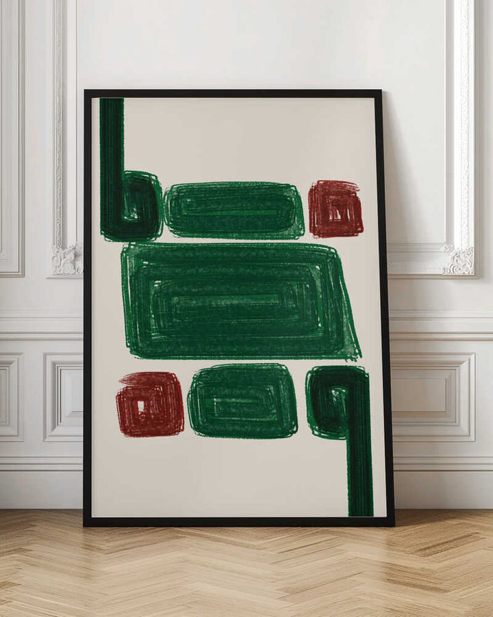 Simplex iii modern abstract stretched canvas with bold green and red geometric shapes in a black frame