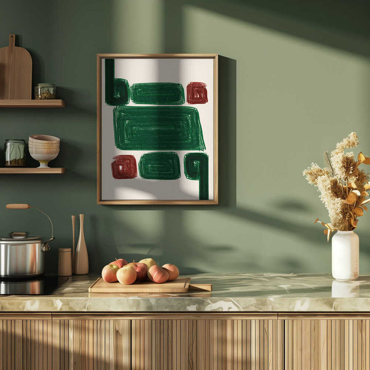 A framed abstract painting simplex III with bold green and red geometric shapes on white stretched canvas print