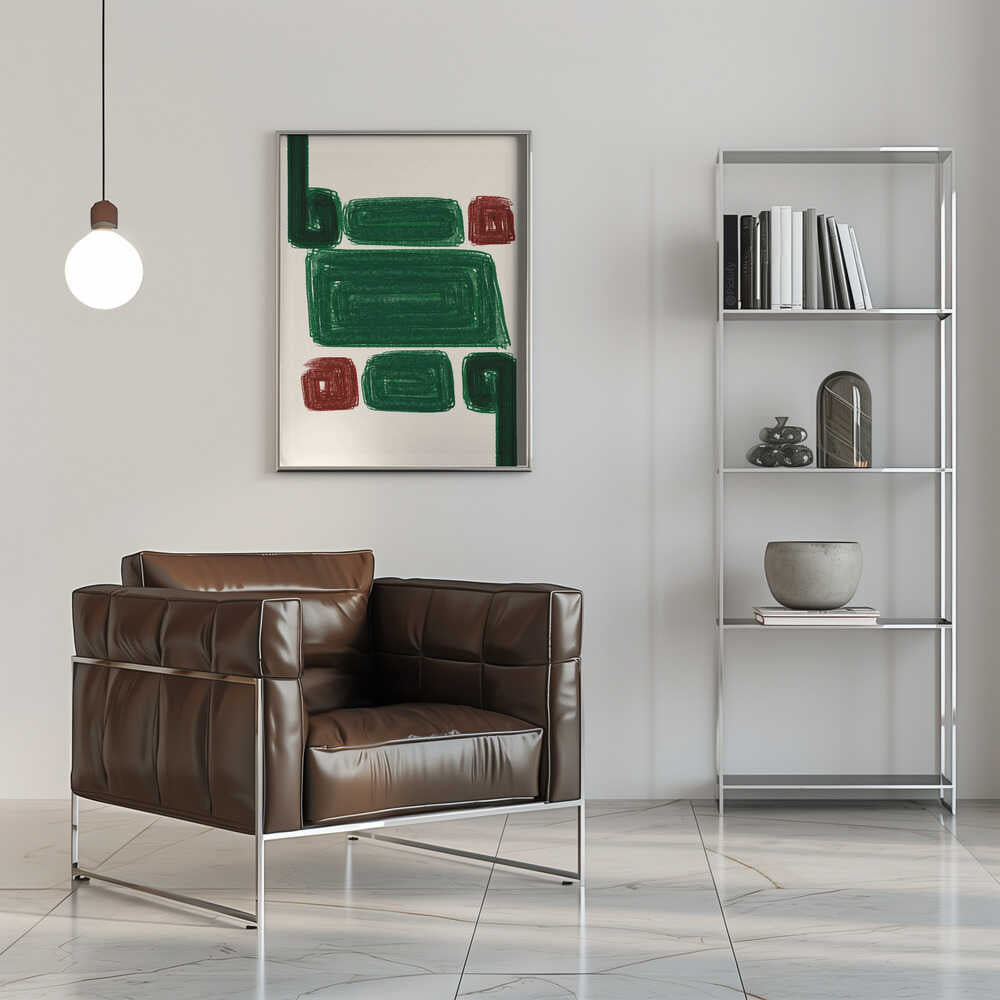 Brown leather armchair with sleek chrome frame featured in simplex iii stretched canvas fine art print