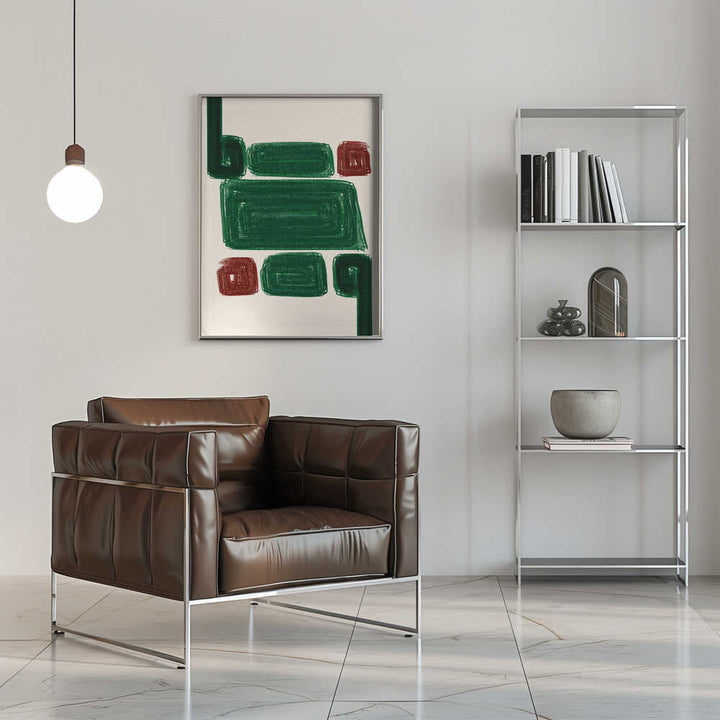 Brown leather armchair with sleek chrome frame featured in simplex iii stretched canvas fine art print
