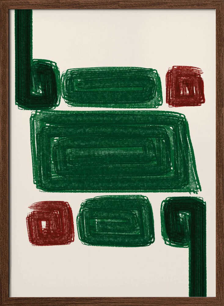 A framed simplex iii stretched canvas featuring bold green and red geometric shapes on a cream background