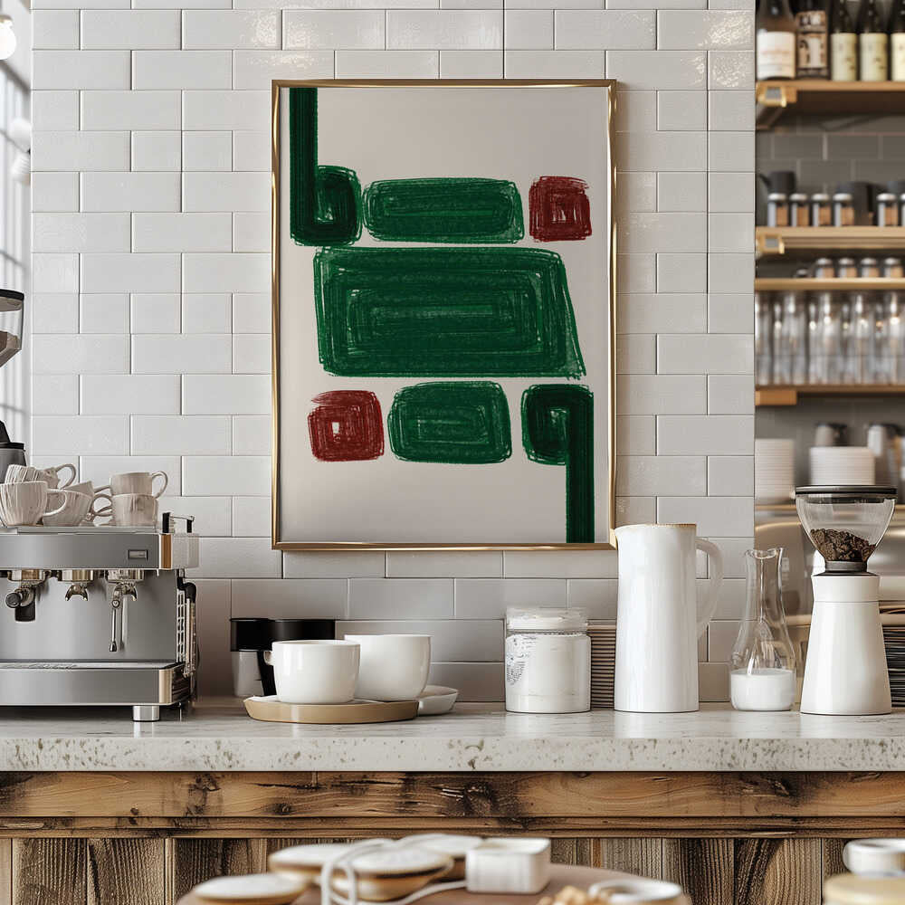 Simplex iii stretched canvas poster featuring bold green and red geometric shapes in a gold frame on light background