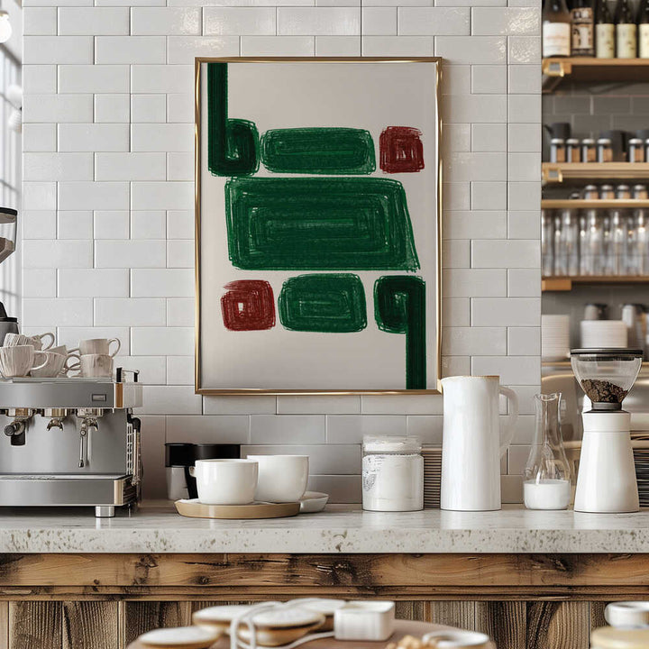 Simplex iii stretched canvas poster featuring bold green and red geometric shapes in a gold frame on light background