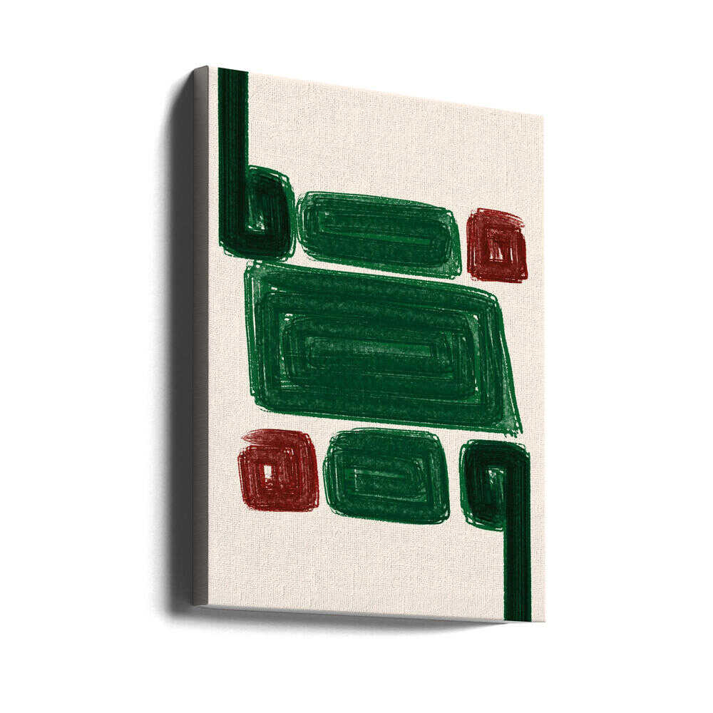 Simplex III modern abstract stretched canvas with bold green and red geometric shapes on textured off-white background