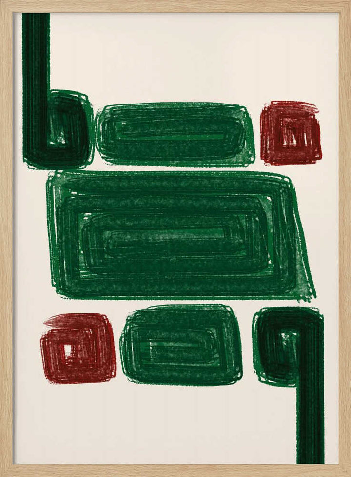 Simplex iii stretched canvas featuring bold green and red geometric shapes on a cream abstract background