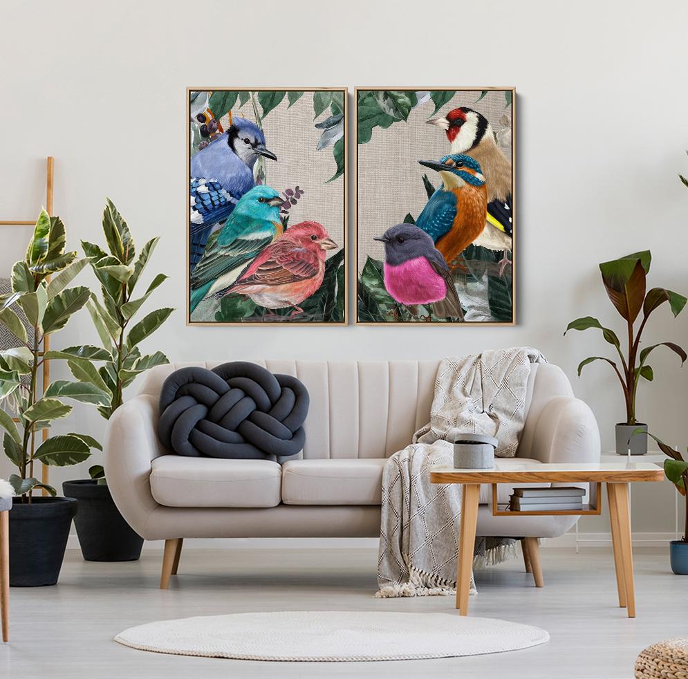 Sing A Song Of Six Birds - Two Piece Watercolour Nature Birds and Foliage Canvas or Art Print Set - Nature Wall Art Diptych - I Heart Wall Art