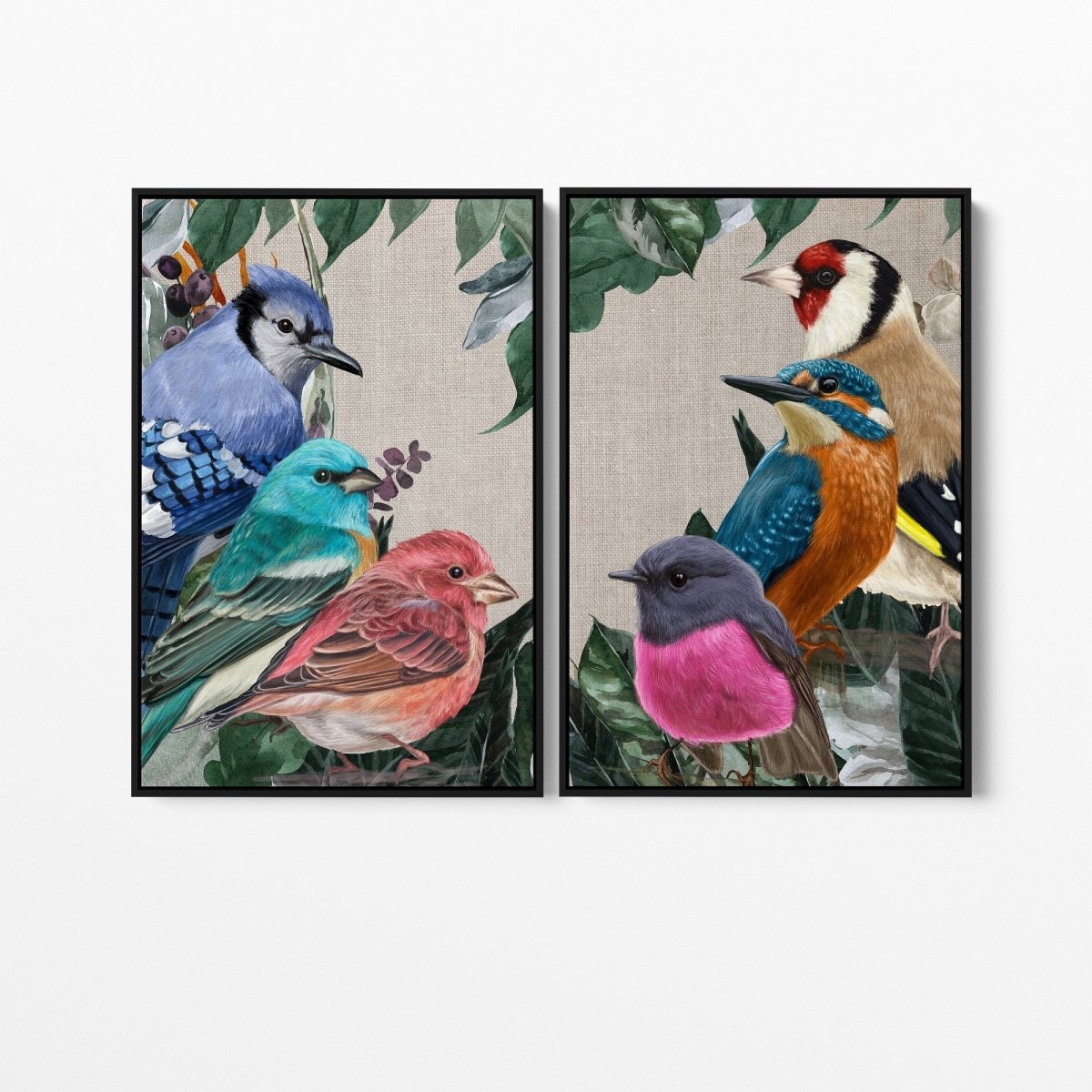 Sing A Song Of Six Birds - Two Piece Watercolour Nature Birds and Foliage Canvas or Art Print Set - Nature Wall Art - I Heart Wall Art - Poster Print, Canvas Print or Framed Art Print