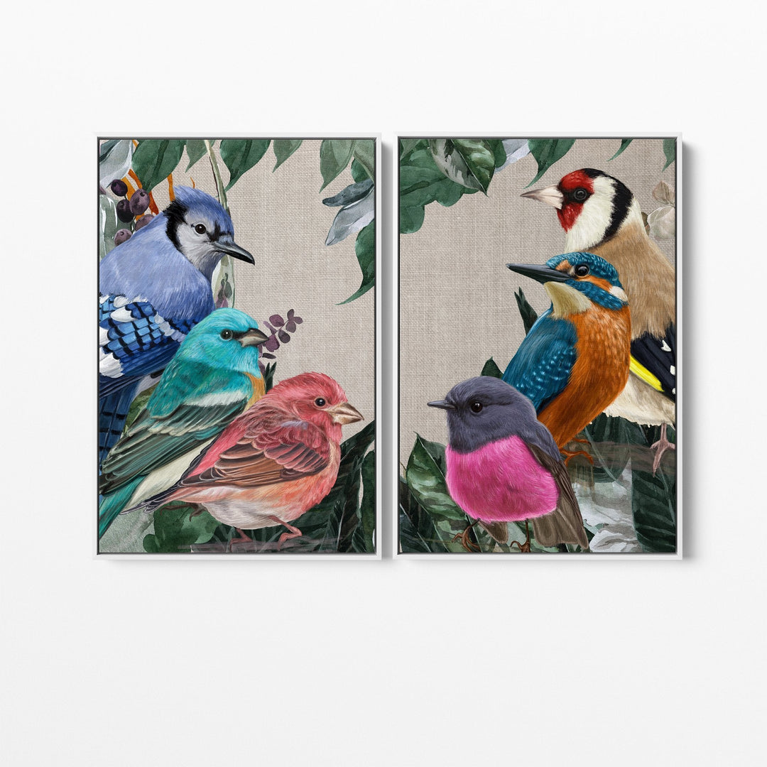 Sing A Song Of Six Birds - Two Piece Watercolour Nature Birds and Foliage Canvas or Art Print Set - Nature Wall Art Diptych - I Heart Wall Art