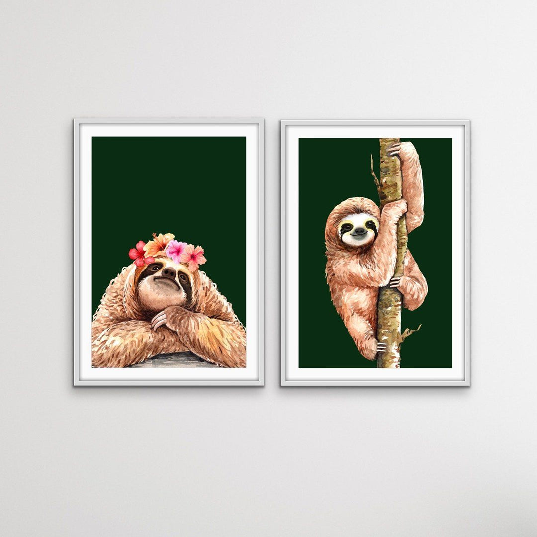 Sloth Two Piece Print Set - Watercolour Sloth Set on Green Backdrop Diptych - I Heart Wall Art
