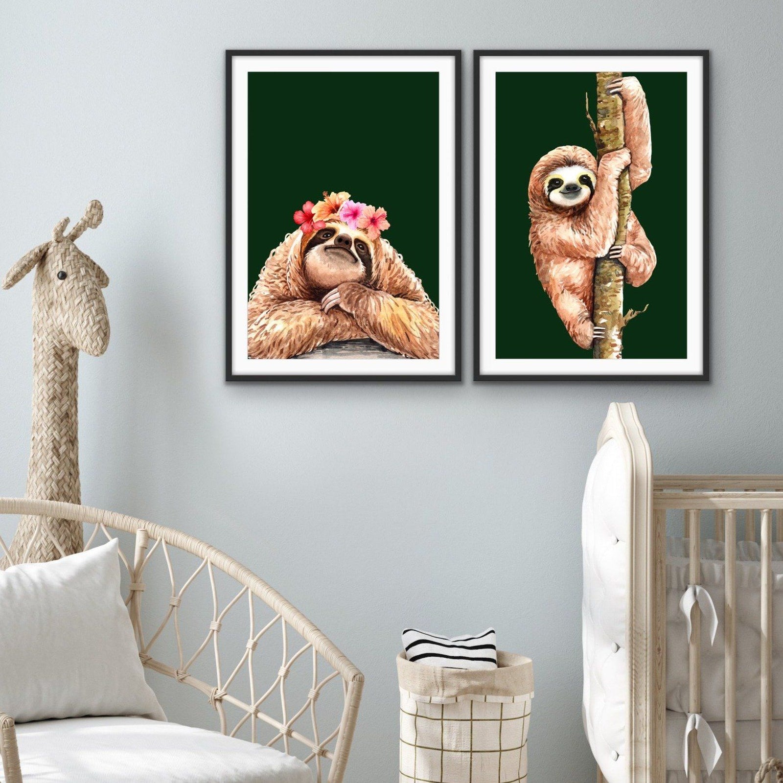 Sloth Two Piece Print Set - Watercolour Sloth Set on Green Backdrop Diptych - I Heart Wall Art