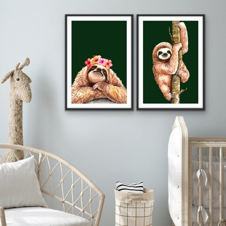 Sloth Two Piece Print Set - Watercolour Sloth Set on Green Backdrop Diptych - I Heart Wall Art