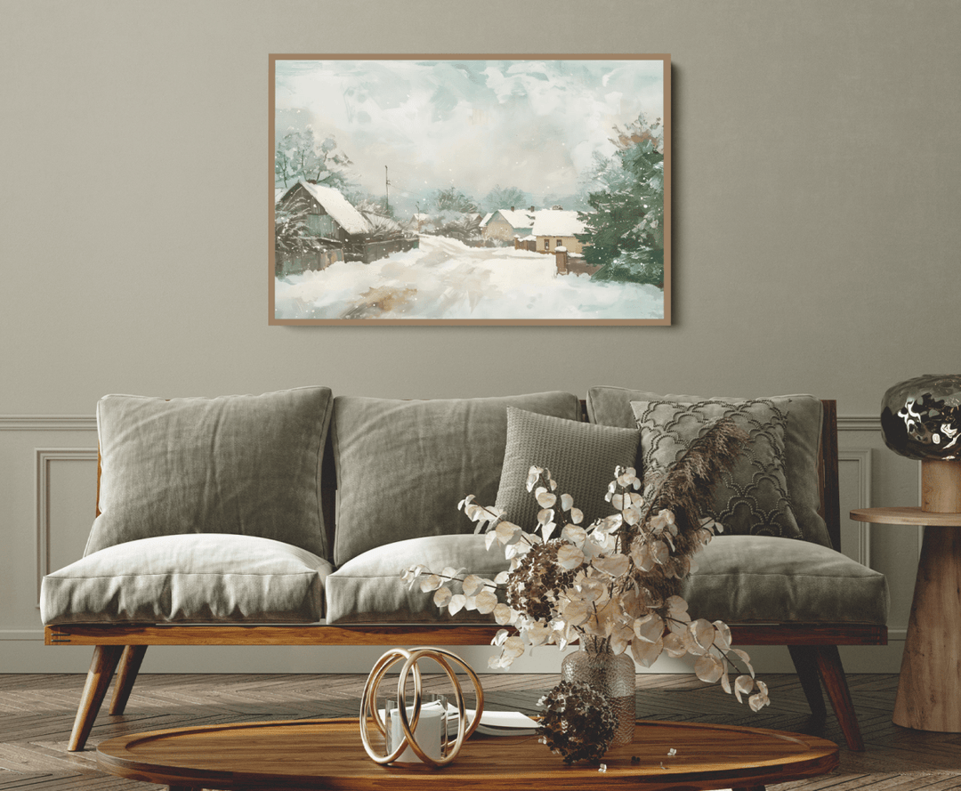 Snowy Village - Winter Landscape Stretched Canvas, Poster or Fine Art Print - I Heart Wall Art - Poster Print, Canvas Print or Framed Art Print