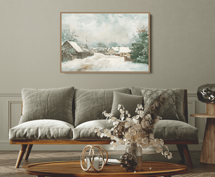 Snowy Village - Winter Landscape Stretched Canvas, Poster or Fine Art Print - I Heart Wall Art - Poster Print, Canvas Print or Framed Art Print