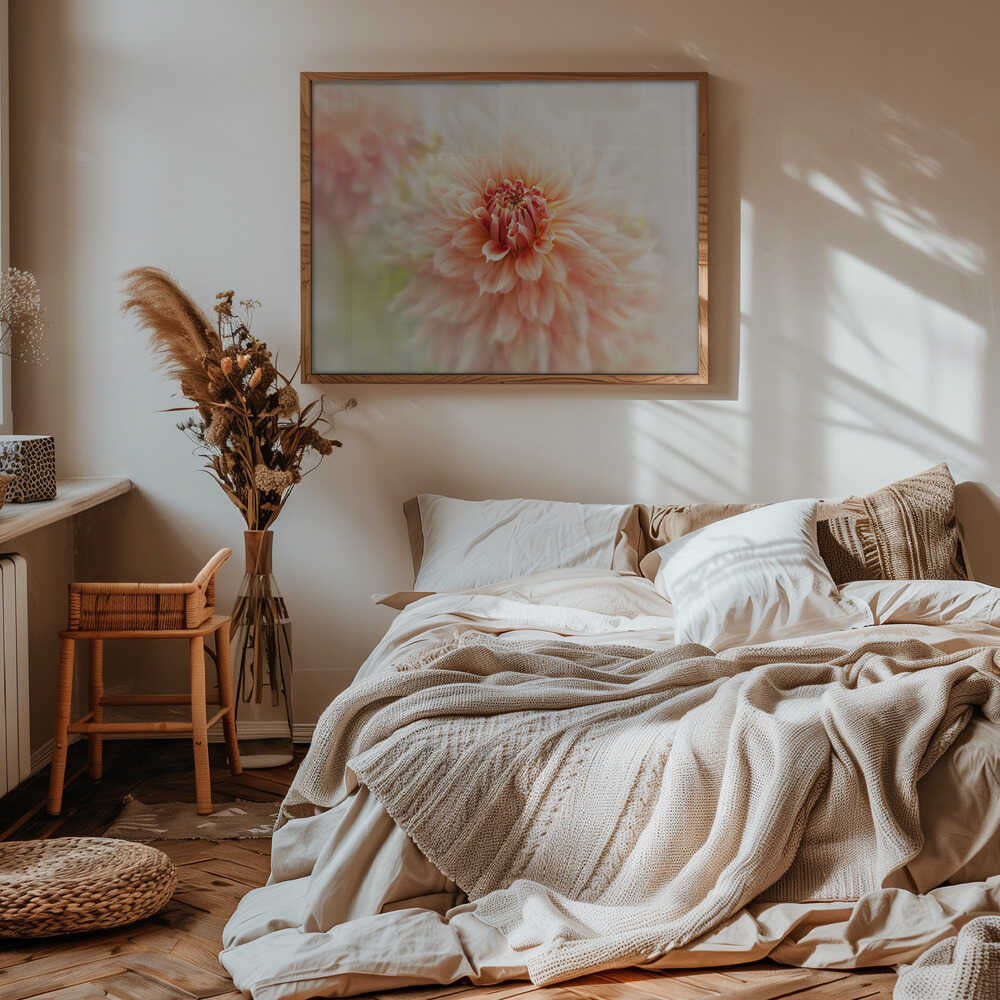 Soft Peach Dahlia - Floral Photographic Stretched Canvas Poster or Fine Art Print