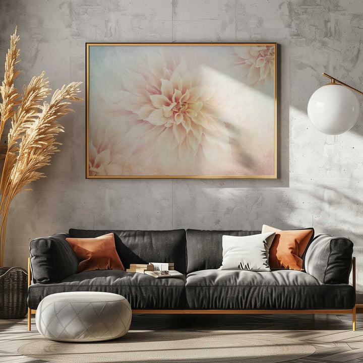 Soft Peach Dahlias - Floral Photographic Stretched Canvas Poster or Fine Art Print