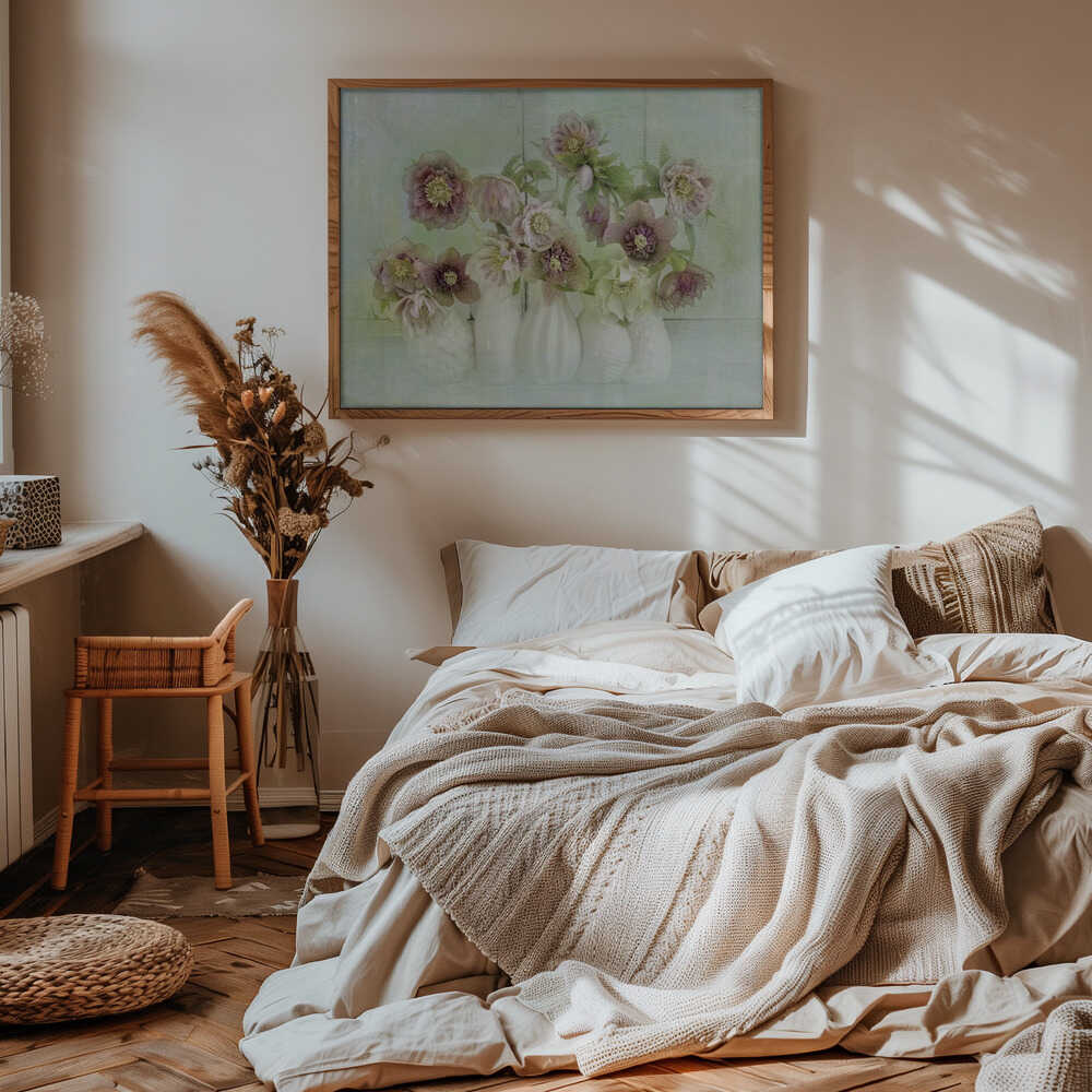 Soft Pink Hellebores - Floral Photographic Stretched Canvas Poster or Fine Art Print