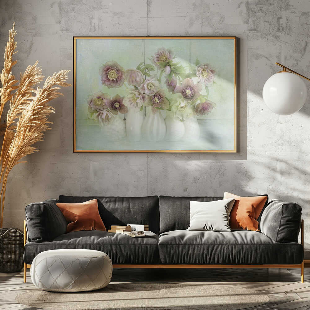 Soft Pink Hellebores - Floral Photographic Stretched Canvas Poster or Fine Art Print