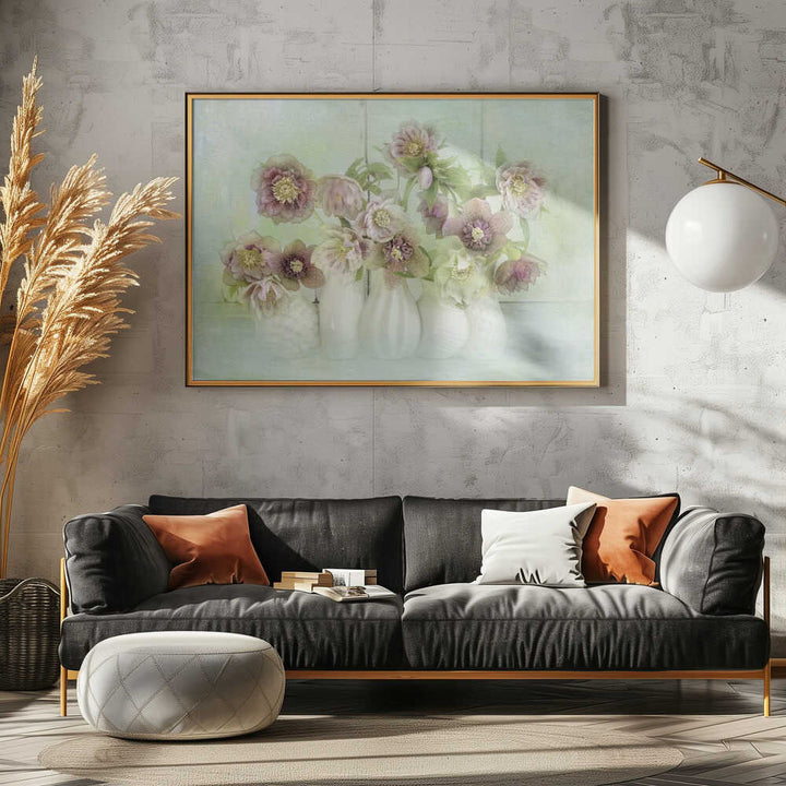 Soft Pink Hellebores - Floral Photographic Stretched Canvas Poster or Fine Art Print