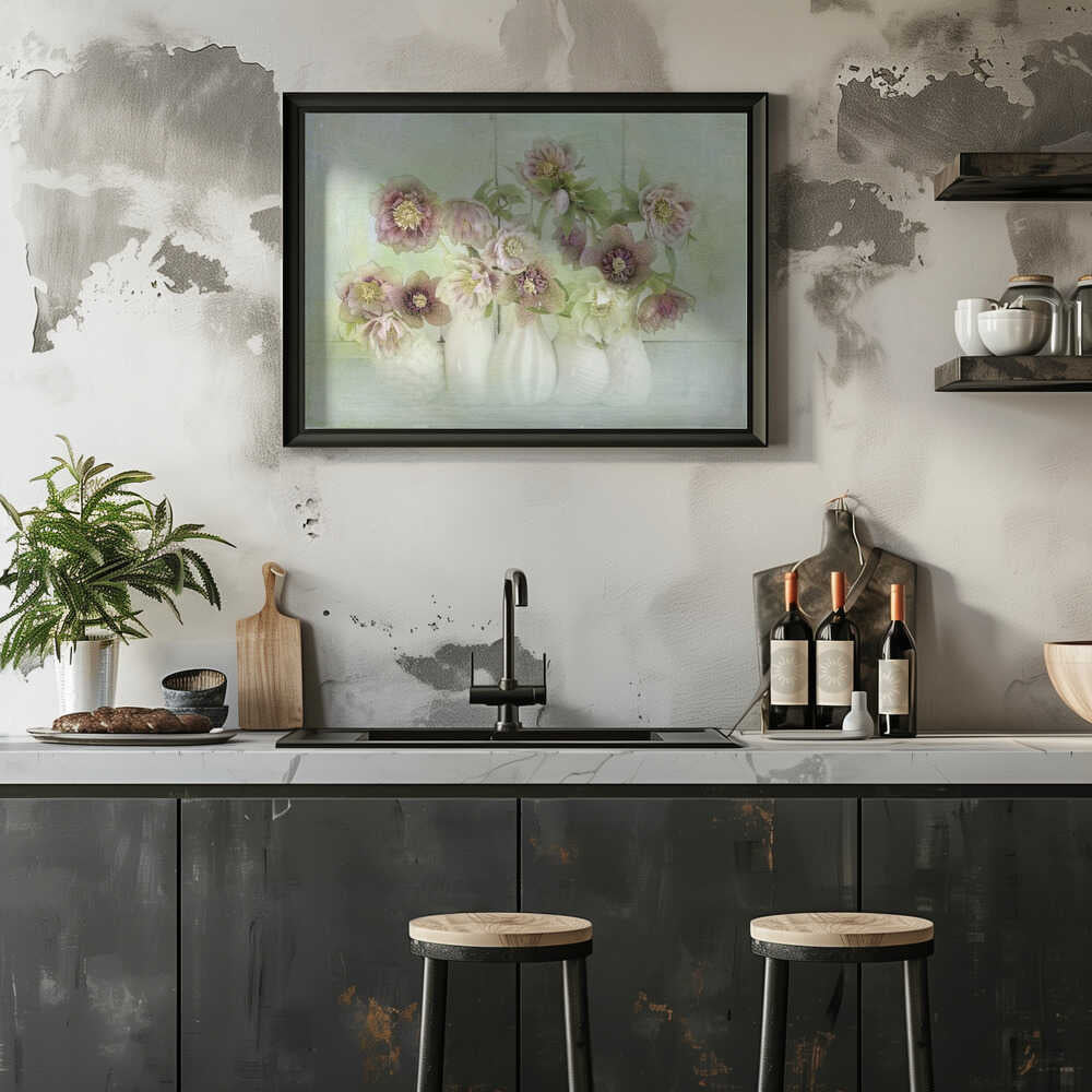 Soft Pink Hellebores - Floral Photographic Stretched Canvas Poster or Fine Art Print