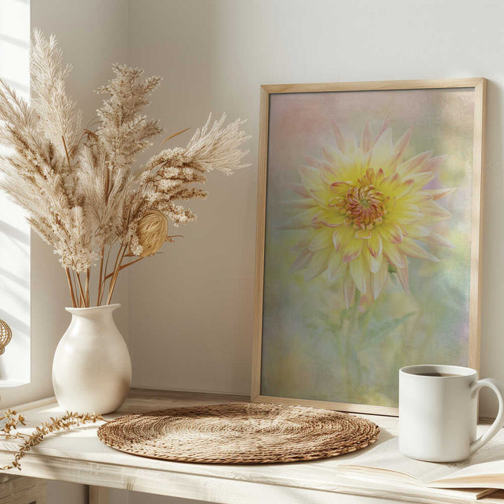 Soft Yellow Dahlia - Floral Photographic Stretched Canvas Poster or Fine Art Print