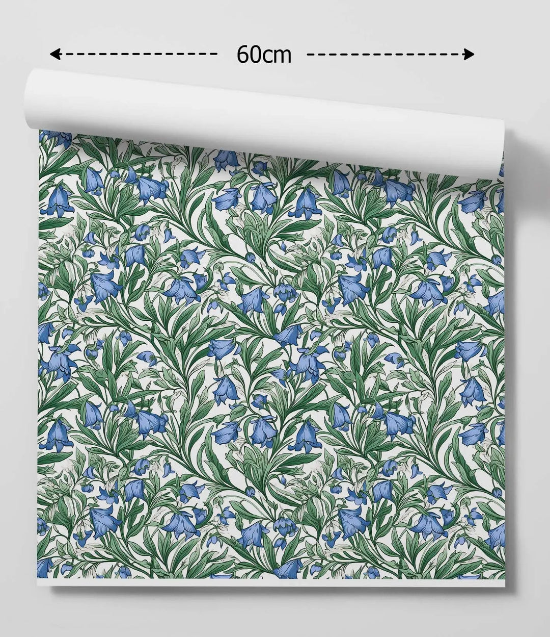 Spring garden blue and green traditional peel and stick removable wallpaper with blue bellflower and green foliage on cream background rolled in 60cm sheet