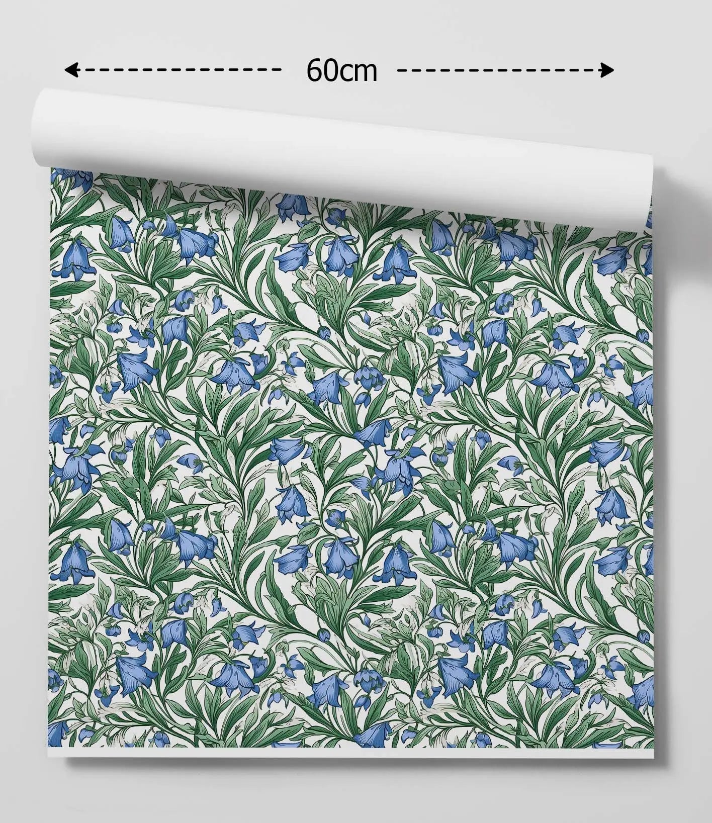 Spring garden blue and green traditional peel and stick removable wallpaper with blue bellflower and green foliage on cream background rolled in 60cm sheet