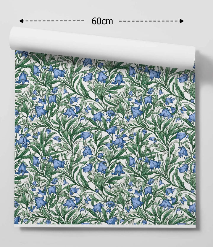 Spring garden blue and green traditional peel and stick removable wallpaper with blue bellflower and green foliage on cream background rolled in 60cm sheet