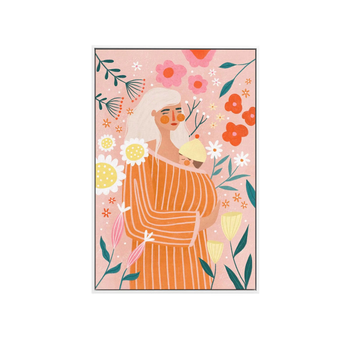A soft pink illustrated greeting card with a woman in an orange striped dress holding a baby floral design by be muller
