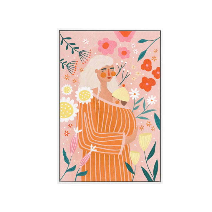 A soft pink illustrated greeting card with a woman in an orange striped dress holding a baby floral design by be muller