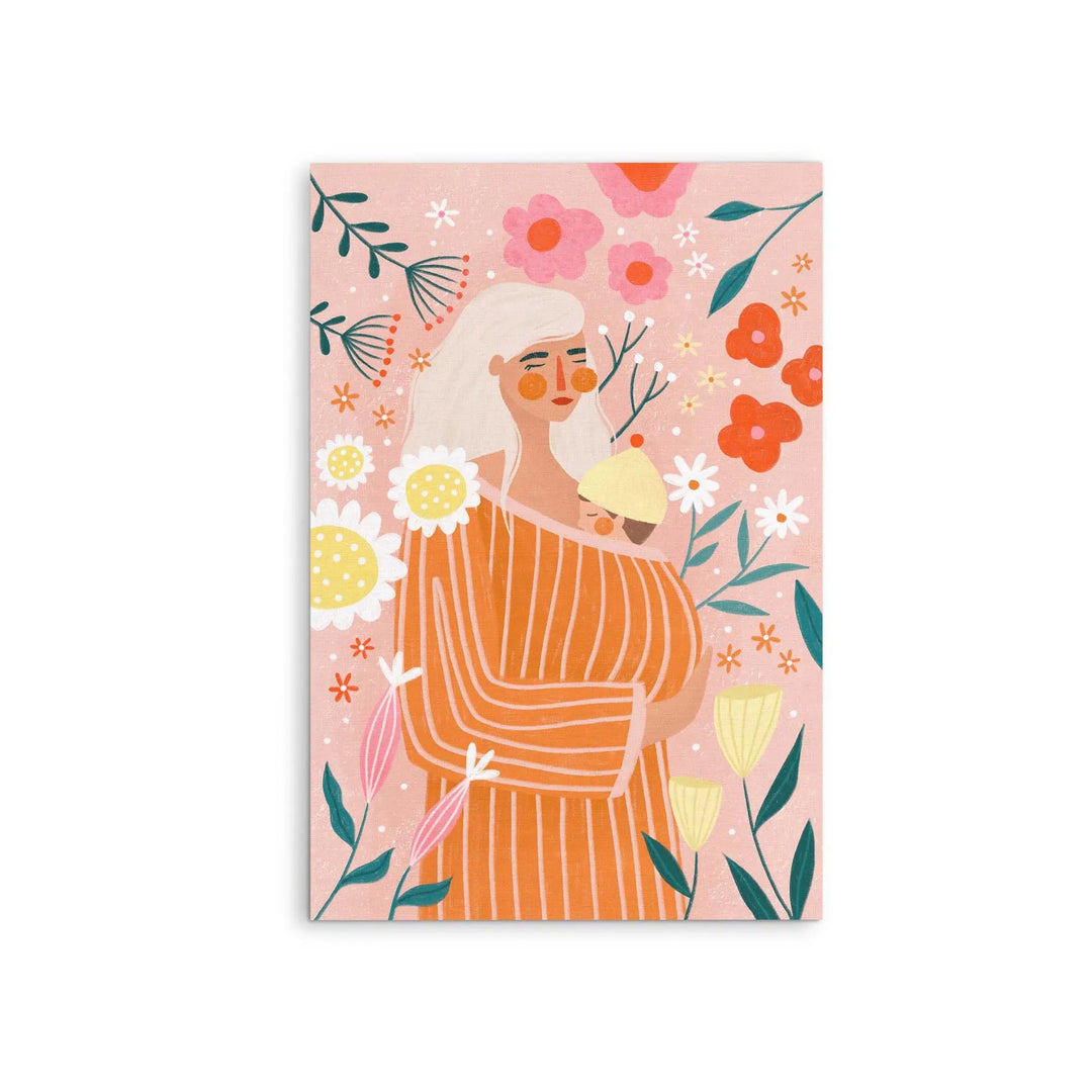 A soft pink spring mum greeting card by be muller featuring a woman in an orange striped dress with flowers
