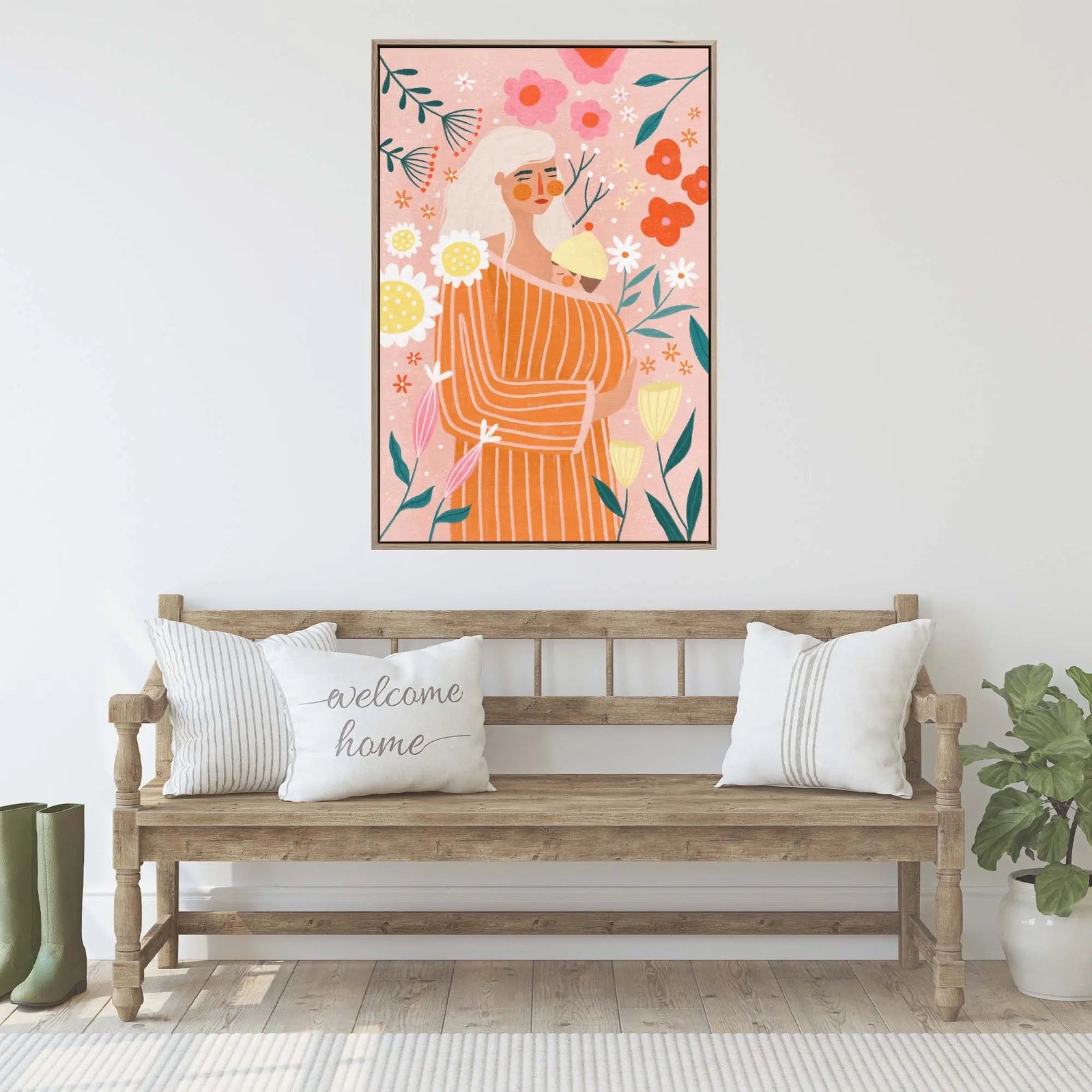 A framed fine art print of a woman in an orange striped dress with colorful flowers on a pink background by be muller