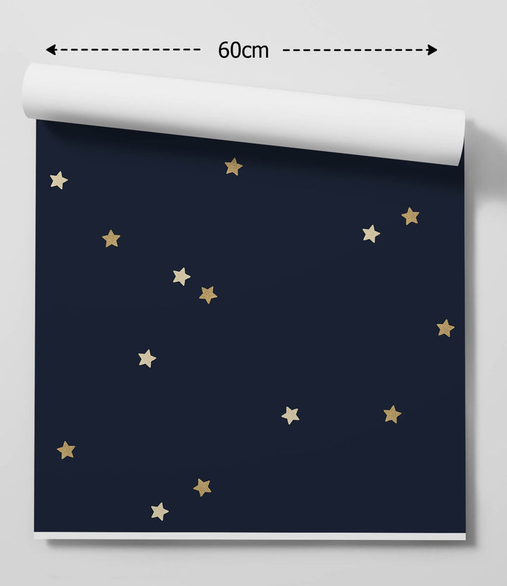 A roll of navy blue peel and stick removable wallpaper with gold star decals measuring 60cm wide for kids rooms