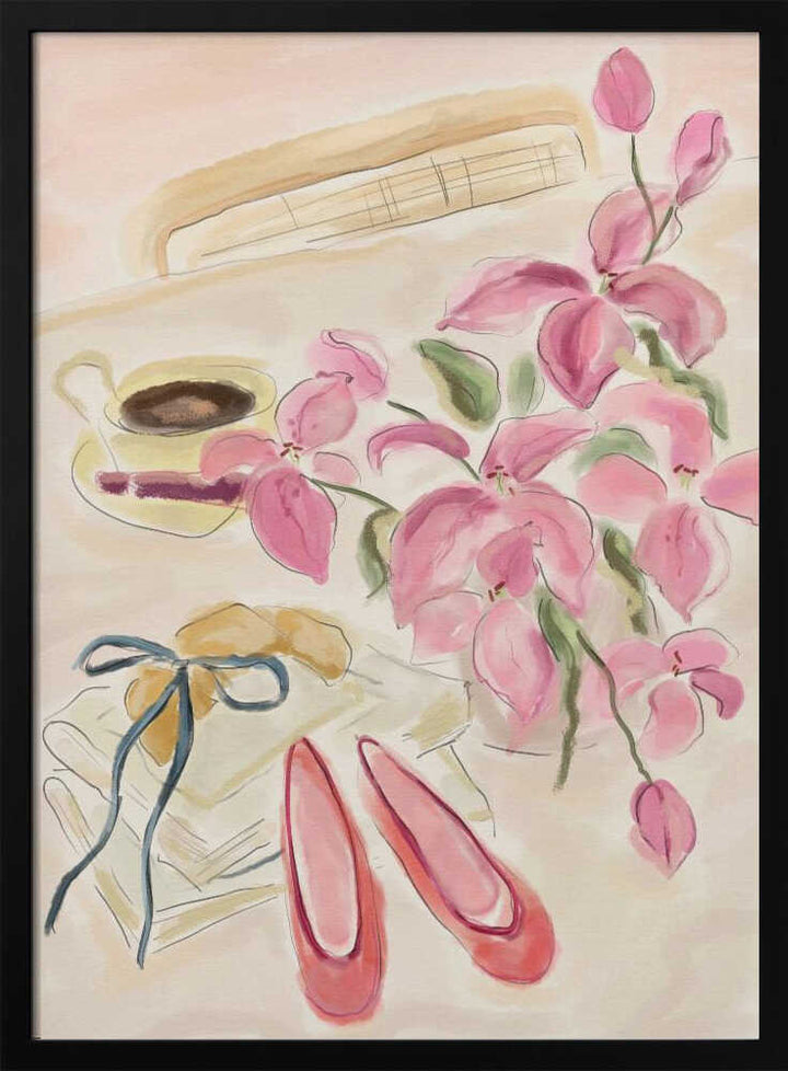 Still Life Watercolor Illustration with Ballerinas - Stretched Canvas Poster or Fine Art Print