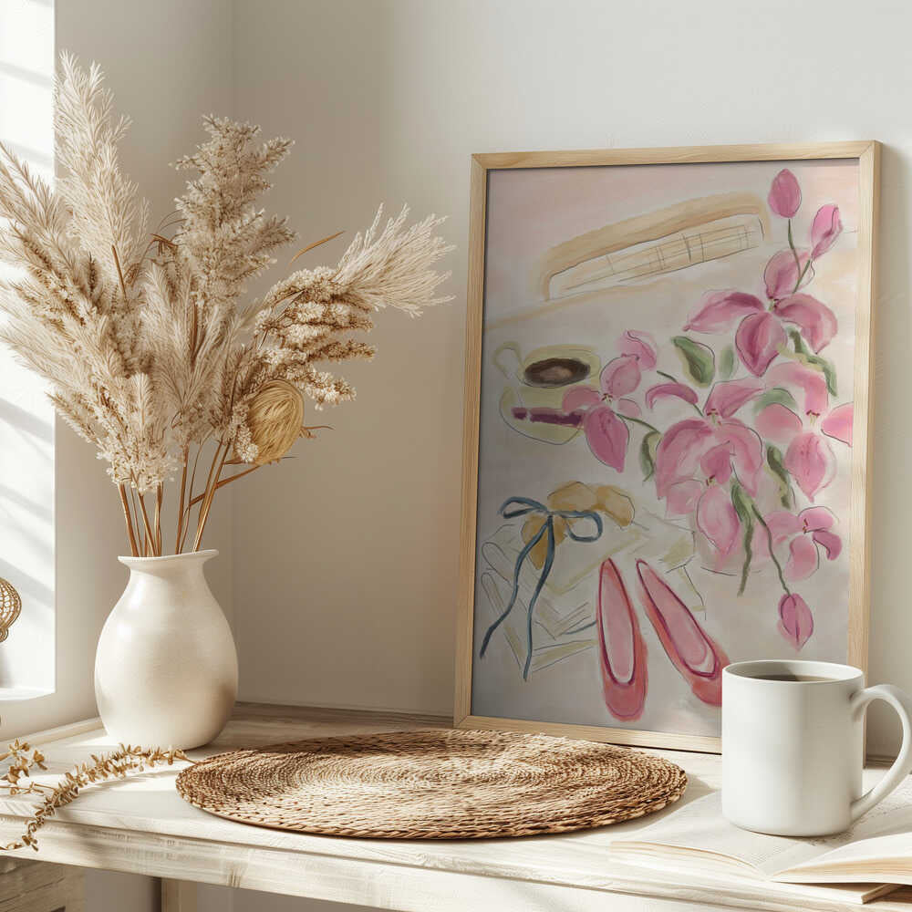 Still Life Watercolor Illustration with Ballerinas - Stretched Canvas Poster or Fine Art Print