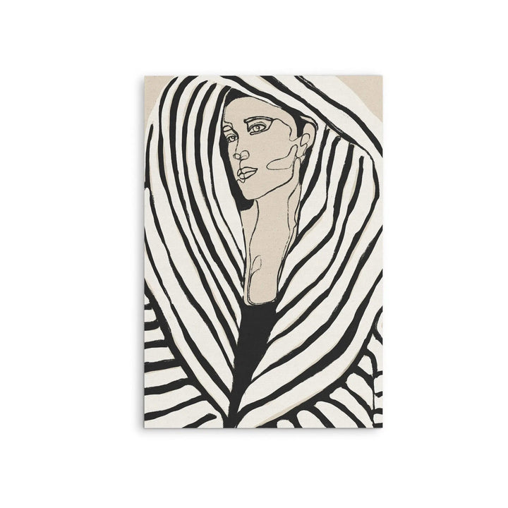 Black and white stretched canvas print featuring a stylized woman wrapped in bold flowing stripes by Treechild