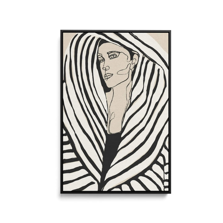 Black-framed minimalist stretched canvas print featuring a monochrome stylized woman with bold black and white stripes