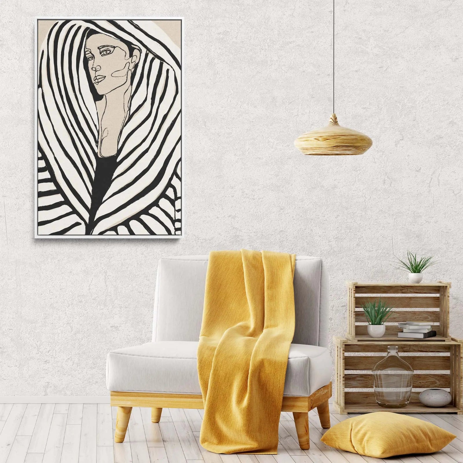 Minimalist black and white line art portrait with bold zebra-striped fabric on a stretched canvas print by Treechild