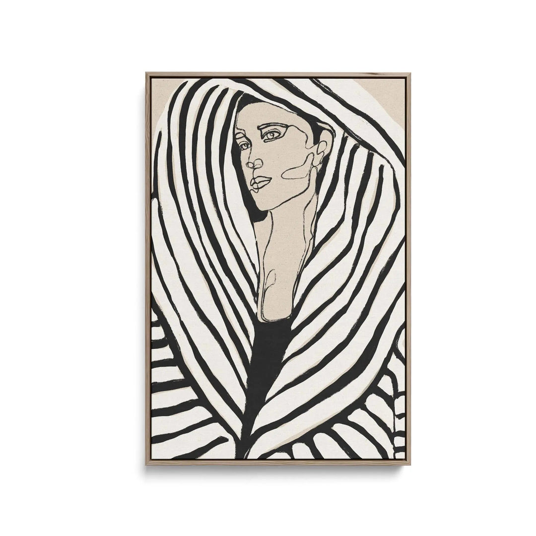 Minimalist black and white striped portrait of a woman on beige background black and white stretched canvas print by Treechild