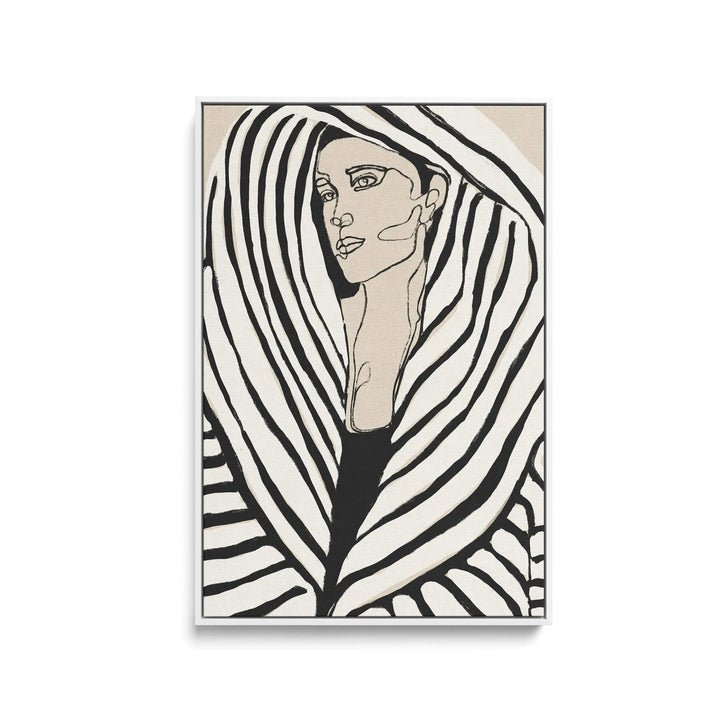 Minimalist black and white line-art portrait of a woman in flowing striped fabric on Treechild black and white canvas print
