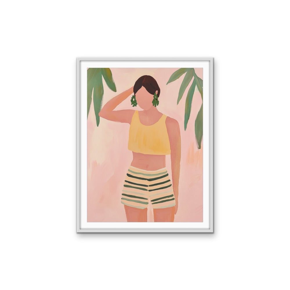 Striped Shorts Vibe - Contemporary Pastels, Plants Faceless Woman Stretched Canvas, Wall Art Print I Heart Wall Art Australia