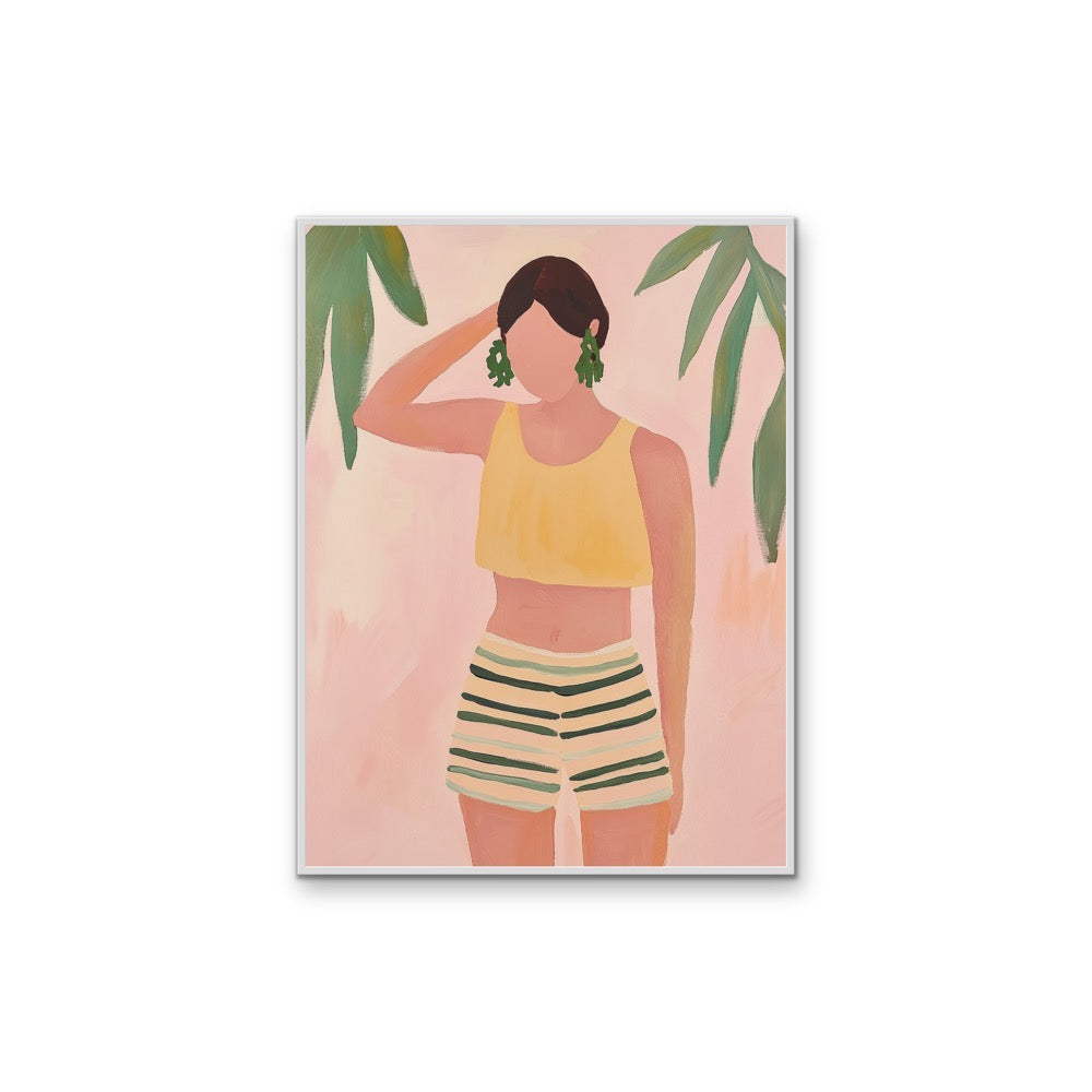 Striped Shorts Vibe - Contemporary Pastels, Plants Faceless Woman Stretched Canvas, Wall Art Print I Heart Wall Art Australia