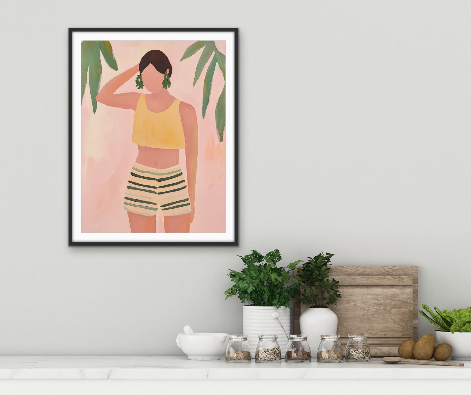 Striped Shorts Vibe - Contemporary Pastels, Plants Faceless Woman Stretched Canvas, Wall Art Print I Heart Wall Art Australia