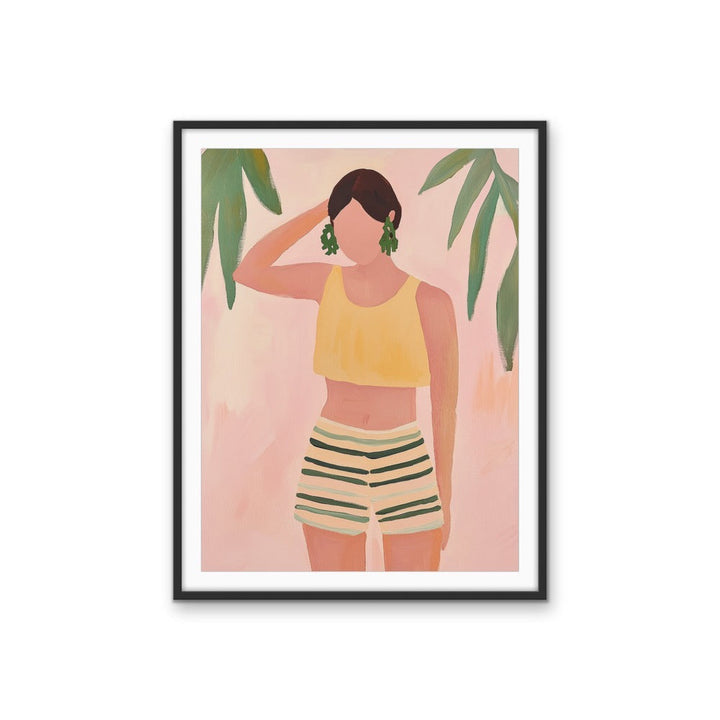 Striped Shorts Vibe - Contemporary Pastels, Plants Faceless Woman Stretched Canvas, Wall Art Print I Heart Wall Art Australia