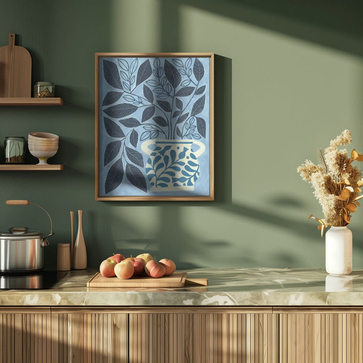 Stylized Blue Leaves In A Decorative Vase - Stretched Canvas, Poster or Fine Art Print - I Heart Wall Art - Poster Print, Canvas Print or Framed Art Print
