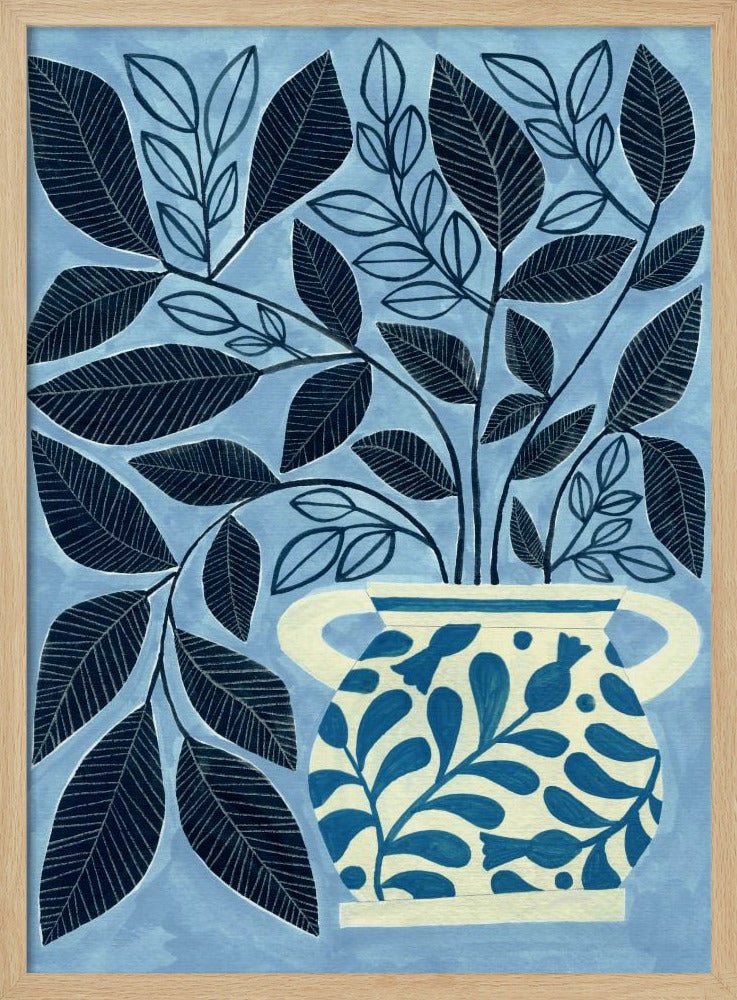 Stylized Blue Leaves In A Decorative Vase - Stretched Canvas, Poster or Fine Art Print - I Heart Wall Art - Poster Print, Canvas Print or Framed Art Print