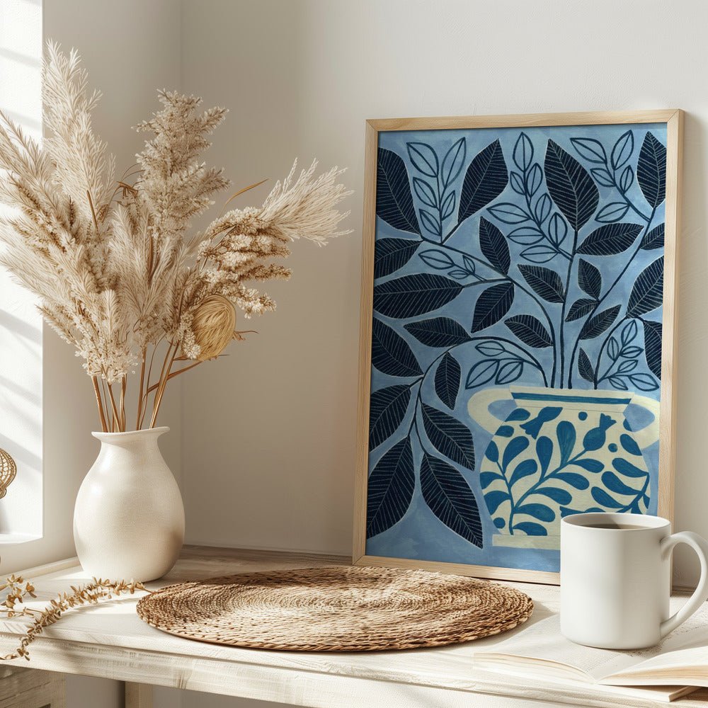 Stylized Blue Leaves In A Decorative Vase - Stretched Canvas, Poster or Fine Art Print - I Heart Wall Art - Poster Print, Canvas Print or Framed Art Print