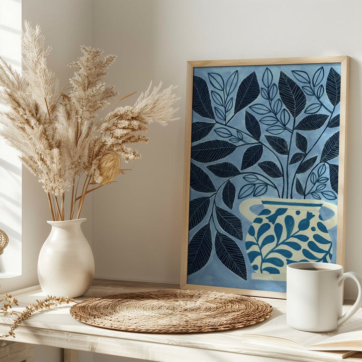 Stylized Blue Leaves In A Decorative Vase - Stretched Canvas, Poster or Fine Art Print - I Heart Wall Art - Poster Print, Canvas Print or Framed Art Print