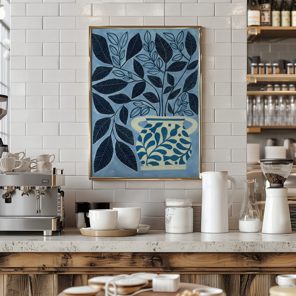 Stylized Blue Leaves In A Decorative Vase - Stretched Canvas, Poster or Fine Art Print - I Heart Wall Art - Poster Print, Canvas Print or Framed Art Print